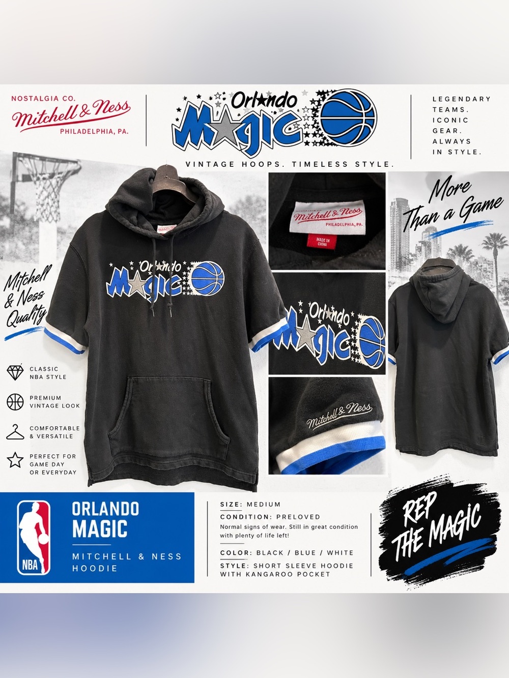 Vintage Mitchell & Ness Black Orlando Magic Short-Sleeve Hoodie w Blue Accents M